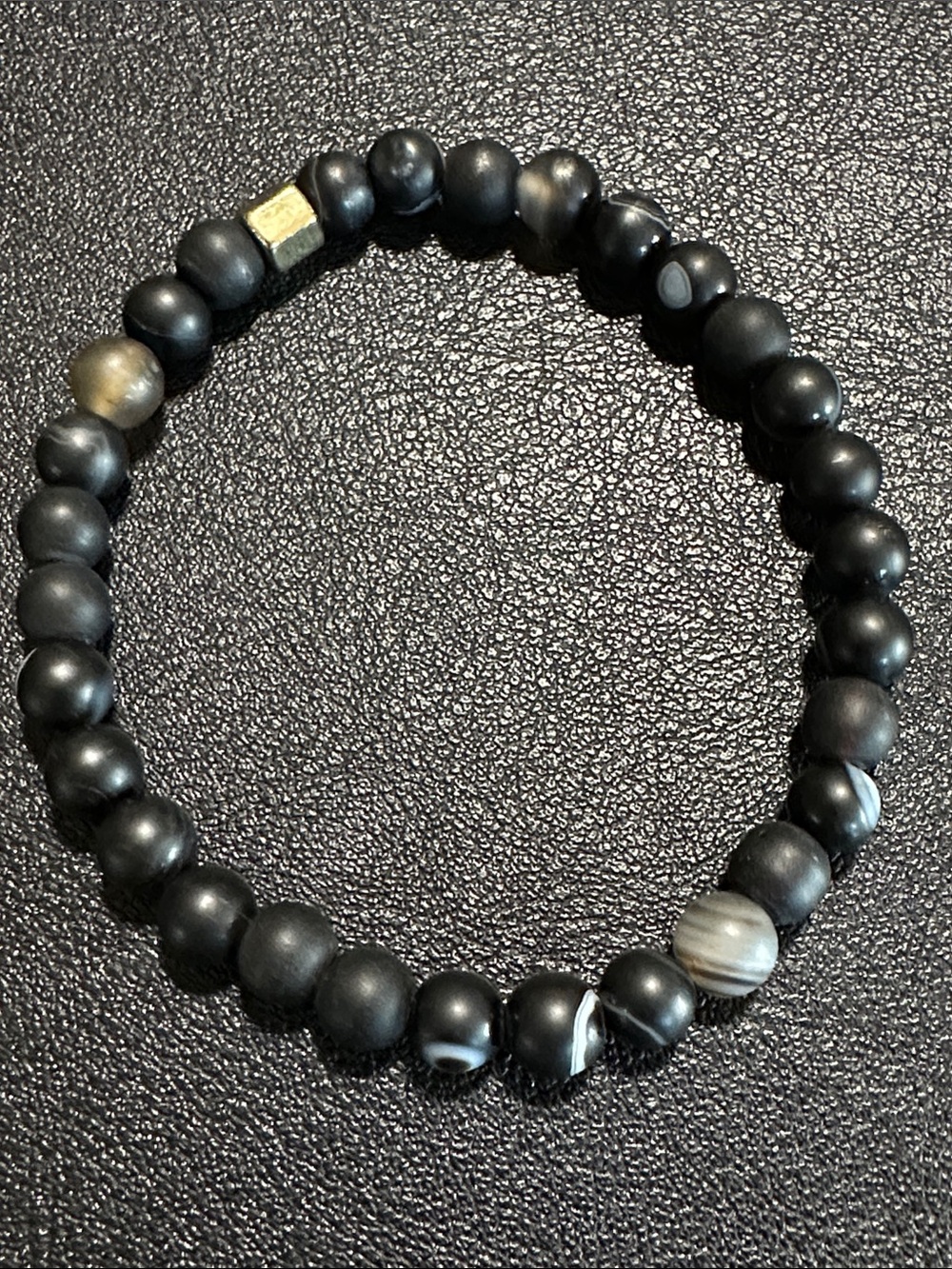 48.  Natural Black Agate Stone With Single Gold Bead Stretch Bracelet